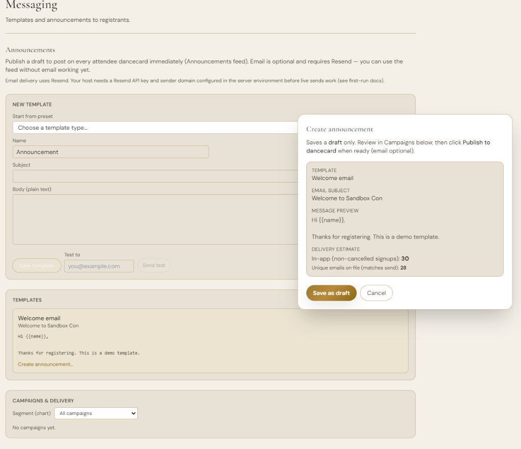 Organizer messaging panel to send announcements to attendee dancecards