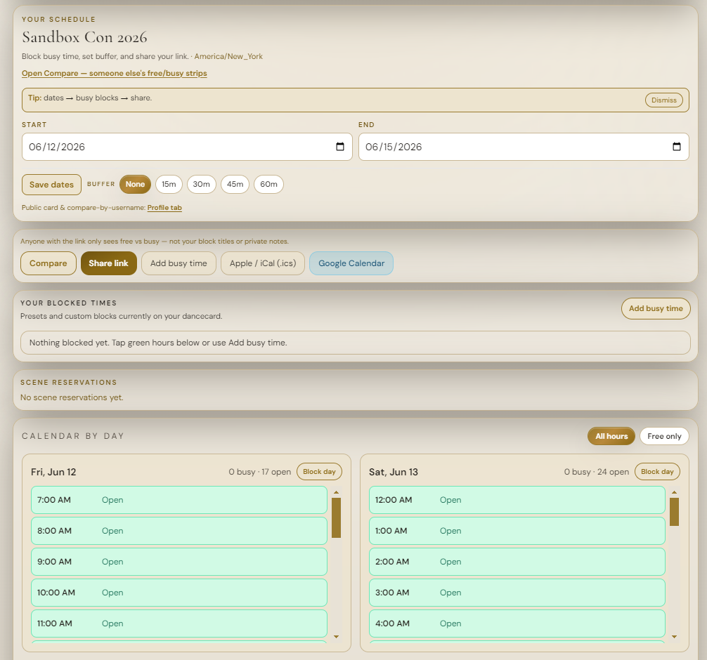 Attendee availability calendar by day with open green hour blocks