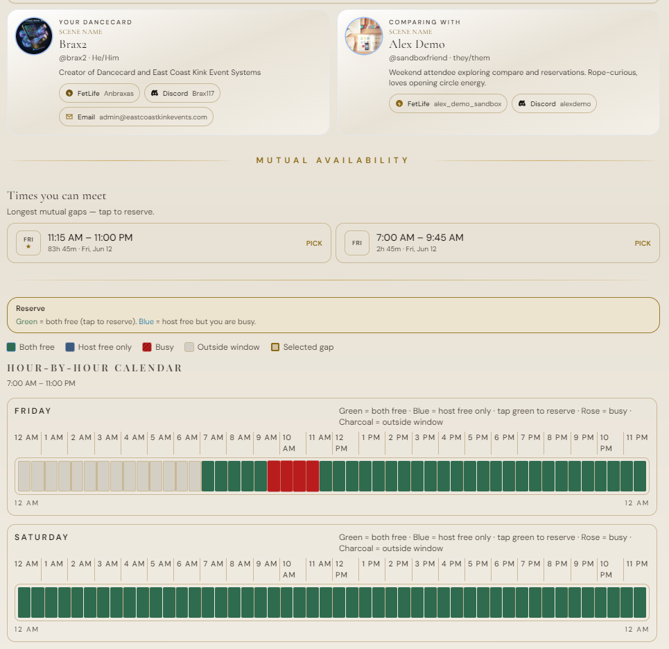 Mutual availability compare with hour-by-hour green and blue calendar for two attendees
