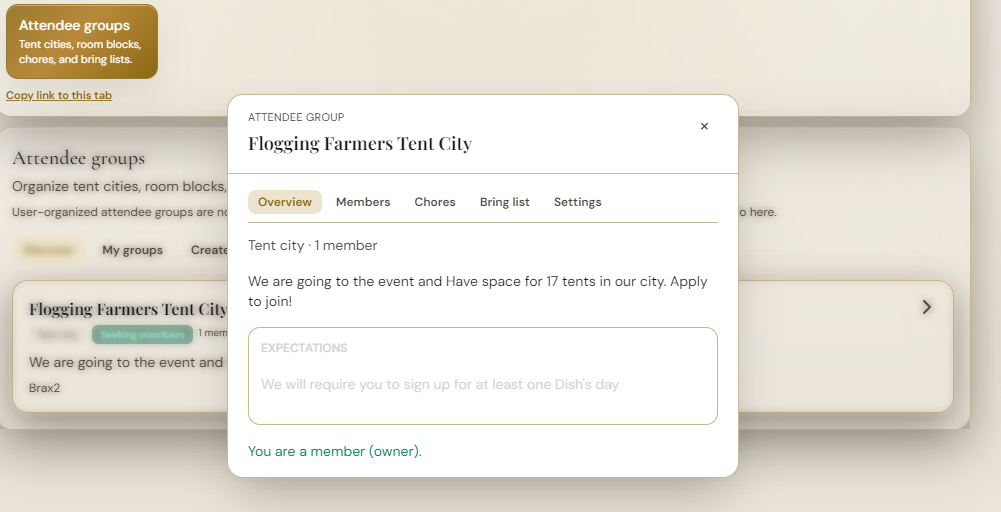 Attendee group modal for tent city with expectations, chores, and bring list tabs