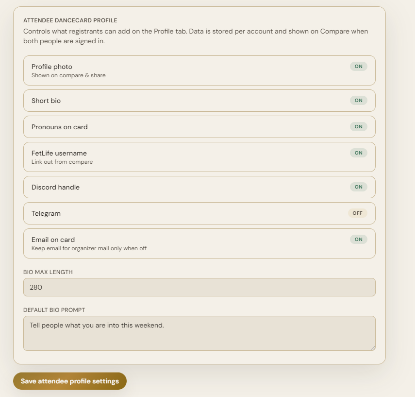 Attendee dancecard profile settings with toggles for photo, bio, FetLife, Discord, and email on card