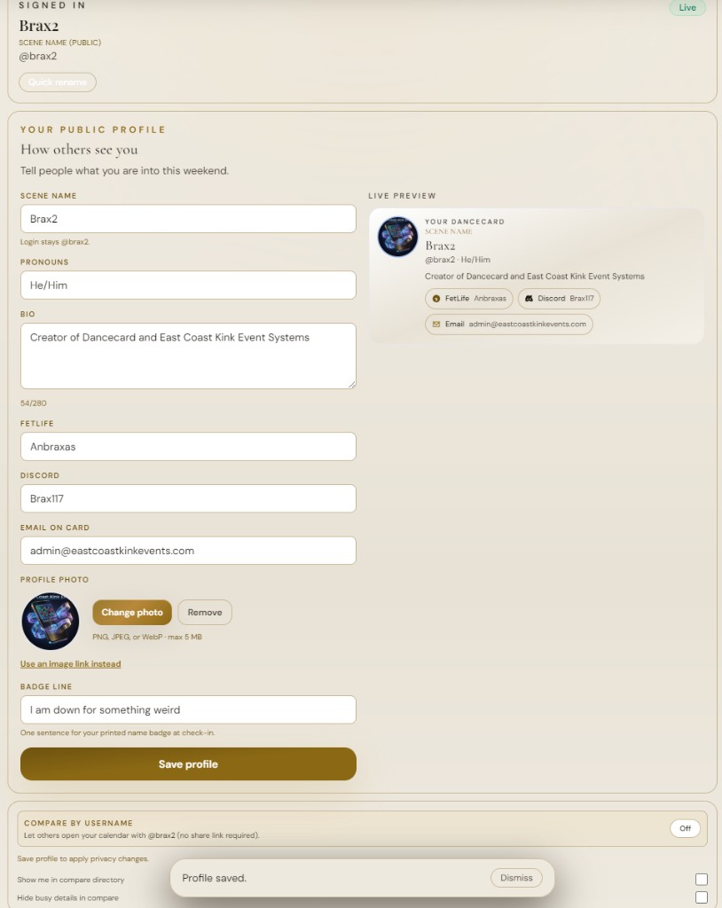 Attendee profile editor with live preview, photo, bio, and contact fields