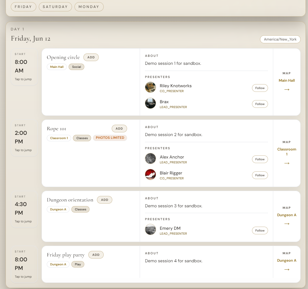 Attendee program day view with Opening circle, Rope 101, and ADD buttons