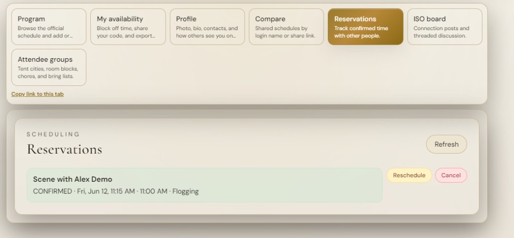 Attendee reservations list with confirmed scene and reschedule or cancel buttons