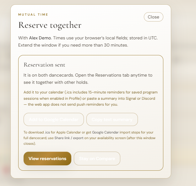 Reserve together confirmation showing reservation on both dancecards