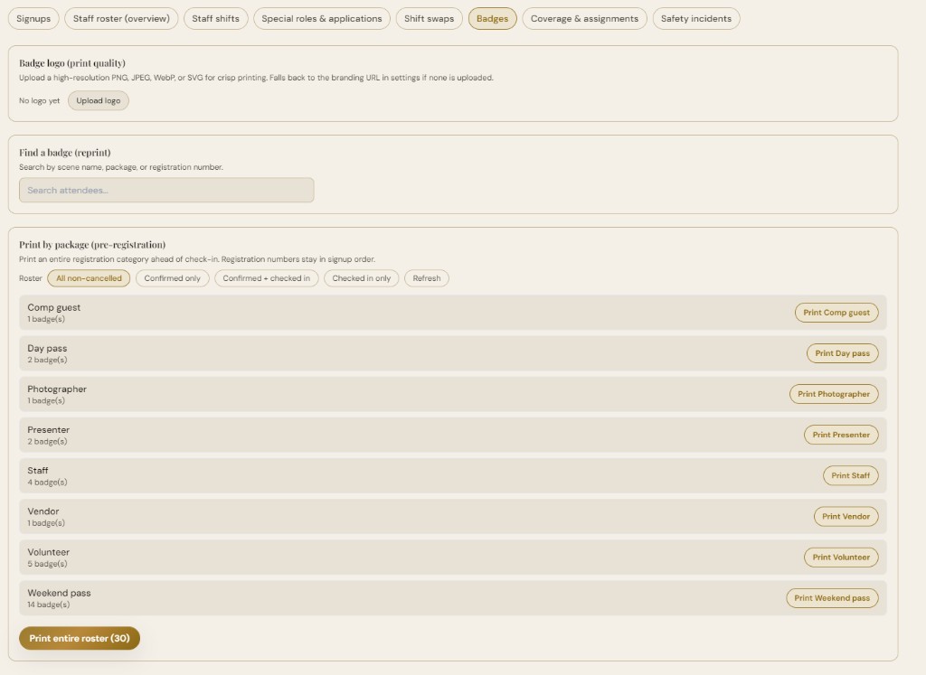 Badges tab with logo upload, attendee search, and print by package buttons