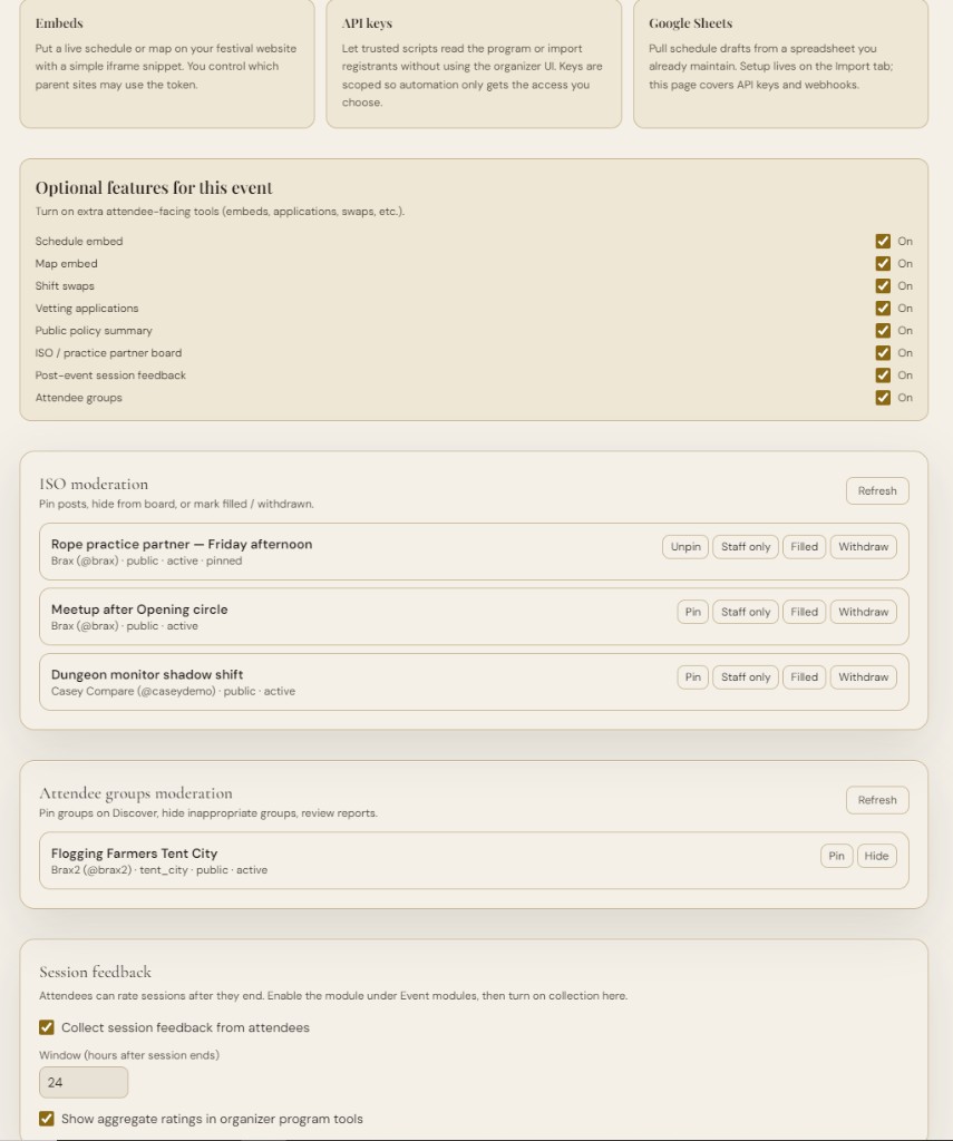 Event settings hub with Essentials tabs for Basics, Registration, Policies, and Rooms