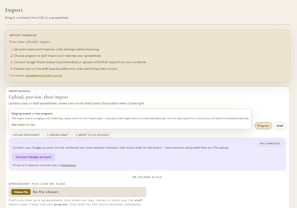 Import page with Google Sheets connect, file upload, and program vs staff toggle