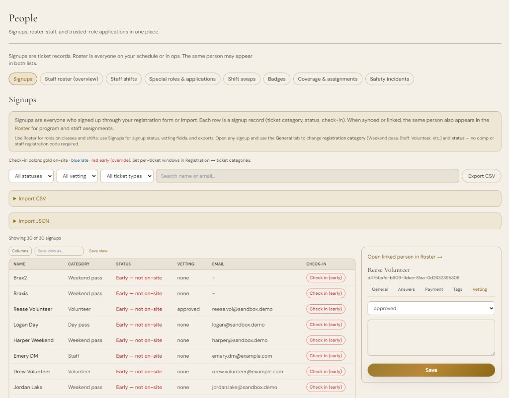 People signups table with check-in buttons, vetting panel, and color-coded on-site status