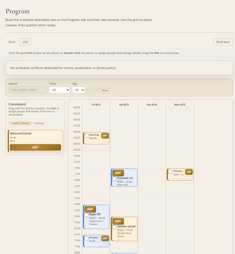 Organizer program grid with Opening circle, Rope 101, and classes across four days