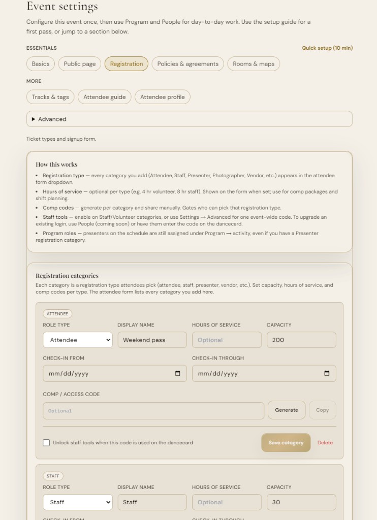 Event settings registration tab with Weekend pass capacity, comp codes, and staff tools checkbox