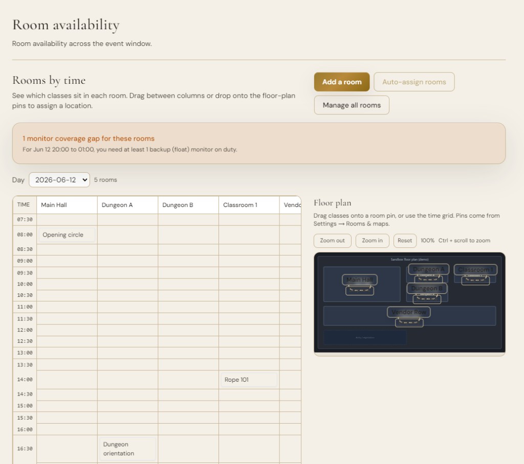 Room availability time grid beside camp floor plan with monitor coverage gap alert