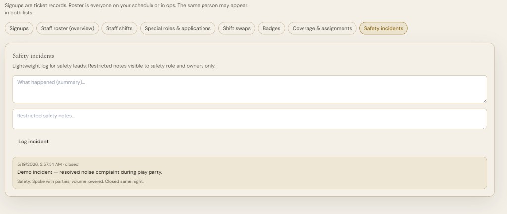 Safety incidents log with summary field, restricted notes, and closed incident history