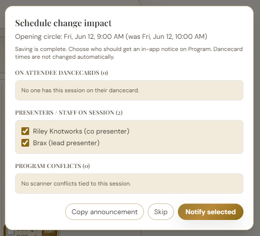 Schedule change impact modal listing presenters to notify after moving Opening circle