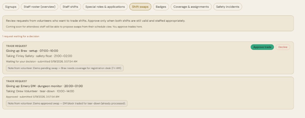 Shift swaps tab with pending trade request and approve or decline buttons