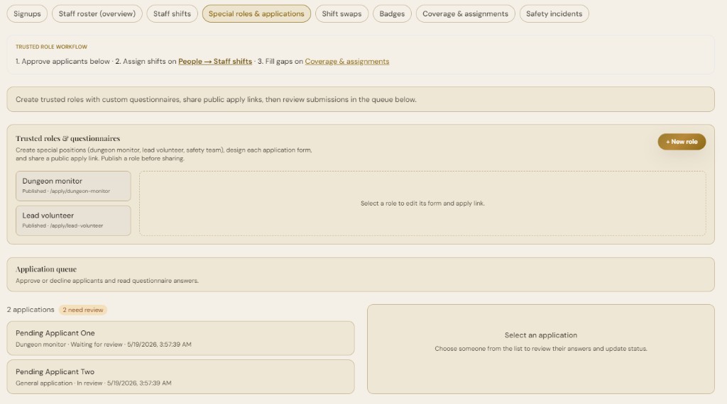 Special roles and applications with Dungeon monitor role, apply links, and review queue