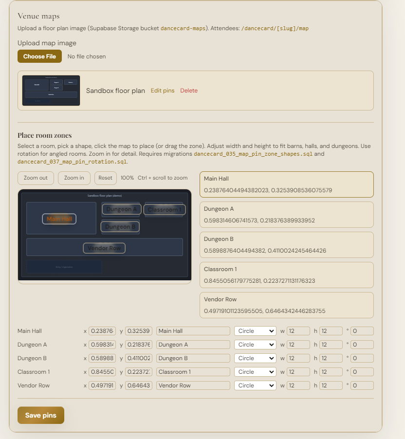 Venue maps settings with floor plan upload and place room zones editor for Main Hall and dungeons